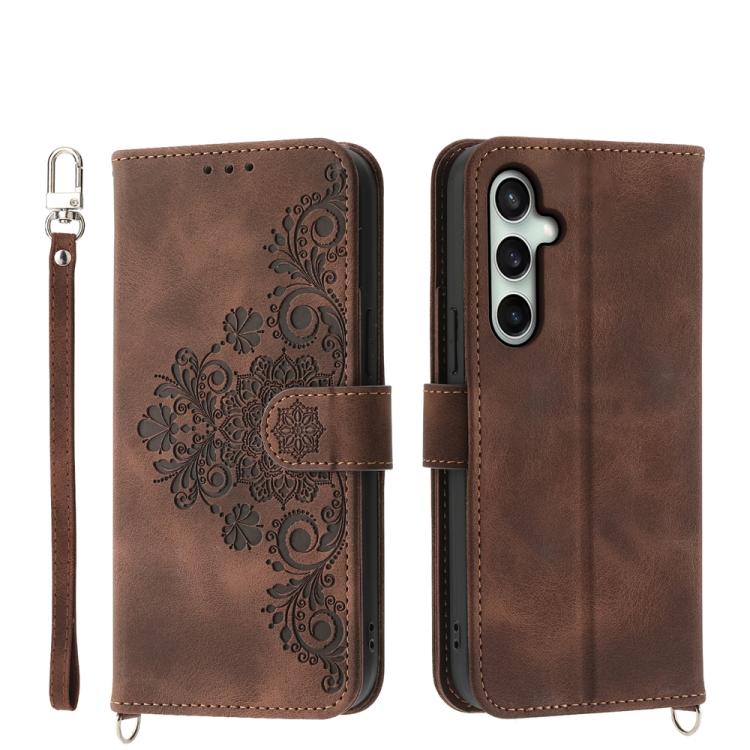 Funda de piel tipo billetera con diseño de flores en relieve para Samsung Galaxy S25 FE 5G (marrón)