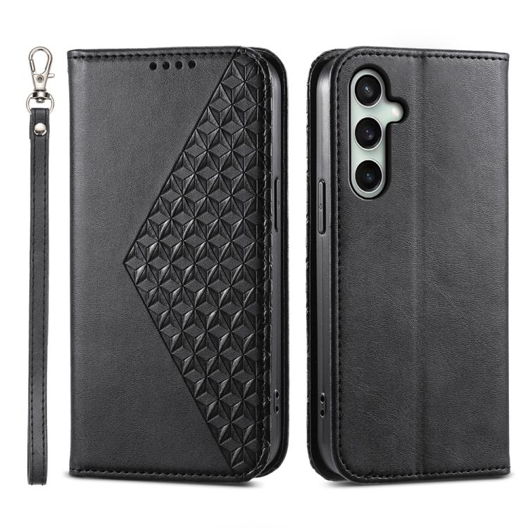 Funda de cuero magnético con textura de becerro y cuadrícula cúbica para Samsung Galaxy S25 FE 5G (negro)