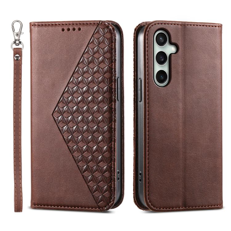 Funda de cuero magnético con textura de becerro y cuadrícula cúbica para Samsung Galaxy S25 FE 5G (marrón)