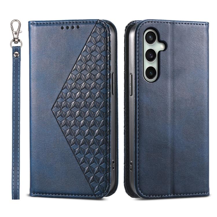 Funda de cuero magnético con textura de becerro y cuadrícula cúbica para Samsung Galaxy S25 FE 5G (azul)