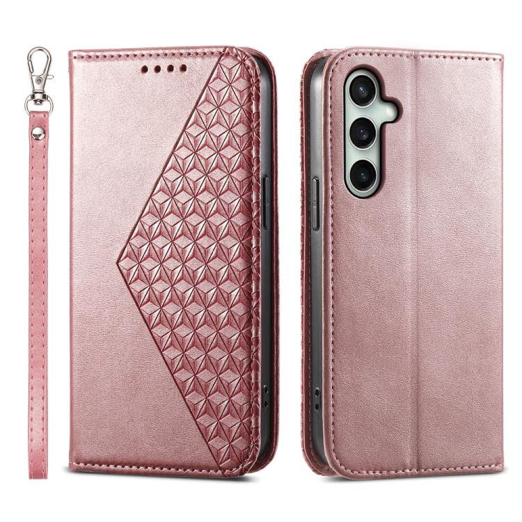 Funda de cuero magnético con textura de becerro y rejilla cúbica para Samsung Galaxy S25 FE 5G (oro rosa)