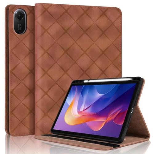 Funda de cuero con relieve de rombos para Xiaomi Redmi Pad 2 (marrón)