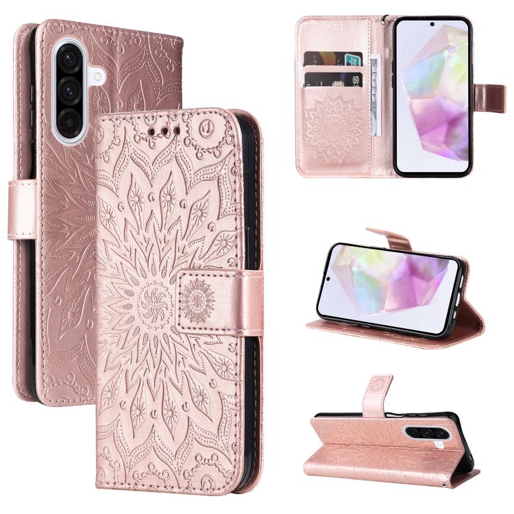Funda de cuero con tapa y estampado de girasol en relieve para Samsung Galaxy A36 5G / M56 5G (oro rosa)