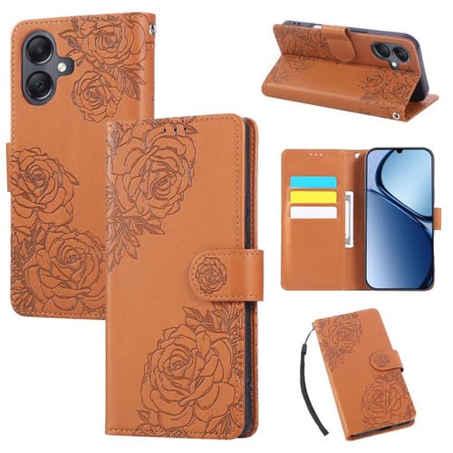 Funda de cuero con relieve de rosa para Samsung Galaxy A07 4G/5G, con 3 ranuras para tarjetas (marrón)