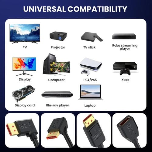 Cable Adaptador Extensión DisplayPort DP2.1 a DP2.1 Codo Superior 52 Gbps 16K 30 Hz 3 m (Negro)