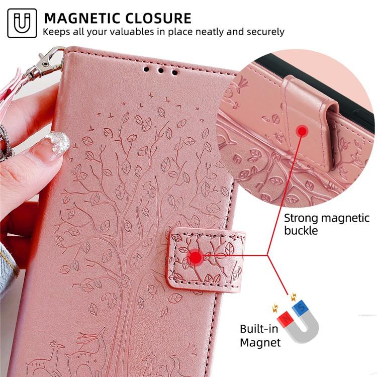 Funda de piel con relieve de árbol y ciervo para Redmi A5 4G (171,7 mm) (oro rosa)