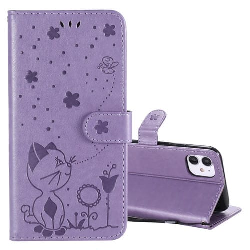 Funda de Cuero iPhone 11 Cat Bee Patrón En Relieve Tapa Horizontal Soporte Ranuras para Tarjetas Billetera (Púrpura)