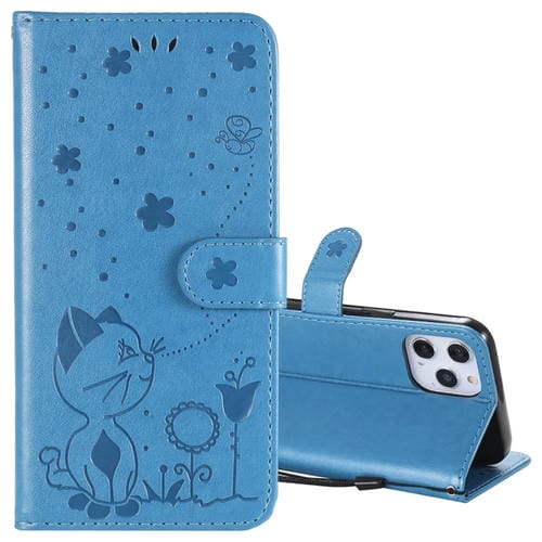 Funda de Cuero iPhone 12 Pro Max Cat Bee Patrón en Relieve Tapa Horizontal Soporte Ranuras Tarjetas Billetera (Azul)