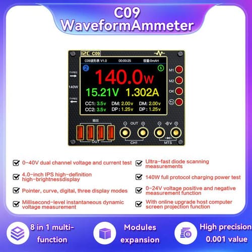 Amperímetro Digital Forma de Onda I2C C09 Detección de Carga y Medición de Voltaje con Placa de Expansión