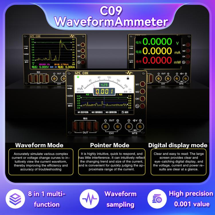 Digital Ammeter Waveform I2C C09 Load Detection and Voltage Measurement with Expansion Board