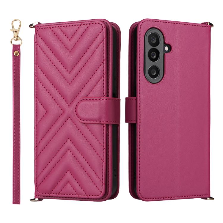 Funda de cuero multifuncional para Samsung Galaxy M56 5G con 6 ranuras para tarjetas y correa para la muñeca (rosa)