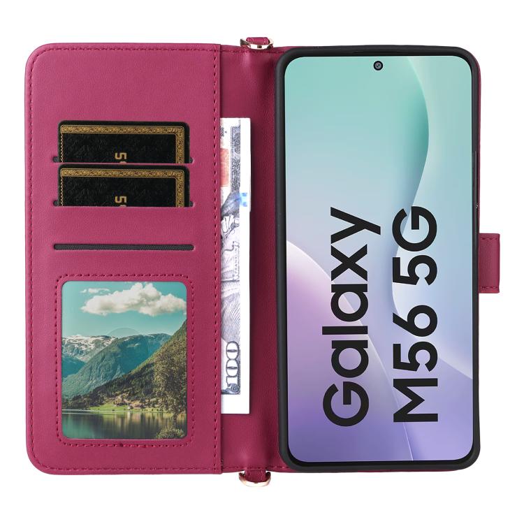 Funda de cuero multifuncional para Samsung Galaxy M56 5G con 6 ranuras para tarjetas y correa para la muñeca (rosa)
