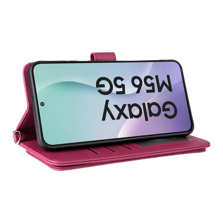 Funda de cuero multifuncional para Samsung Galaxy M56 5G con 6 ranuras para tarjetas y correa para la muñeca (rosa)
