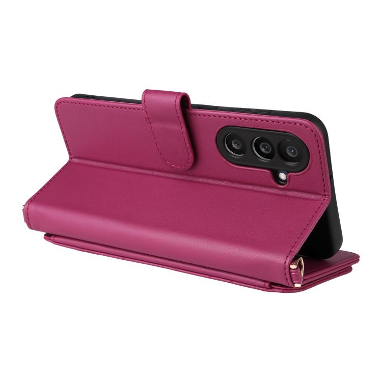 Funda de cuero multifuncional para Samsung Galaxy M56 5G con 6 ranuras para tarjetas y correa para la muñeca (rosa)