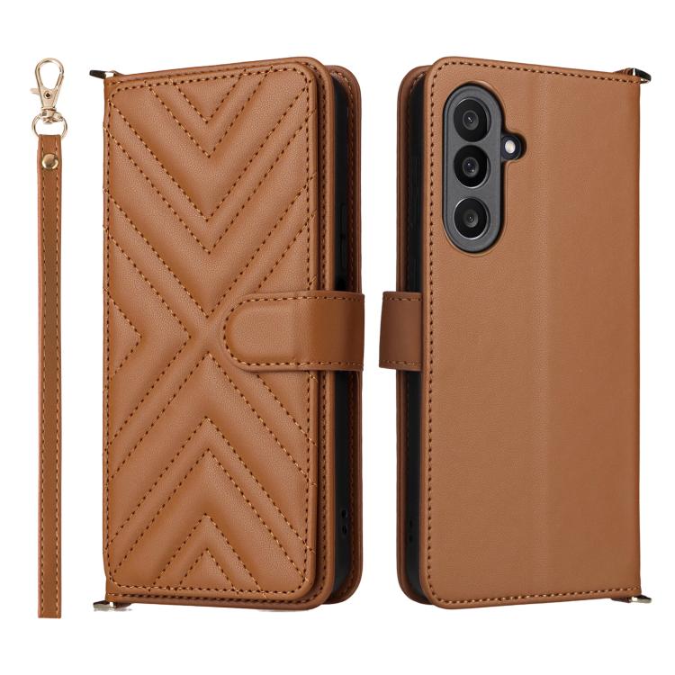 Funda de cuero multifuncional para Samsung Galaxy M56 5G con 6 ranuras para tarjetas y correa para la muñeca (marrón)