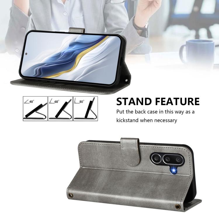Funda de cuero retro con hebilla y empalme de líneas para Samsung Galaxy M56 5G (gris)