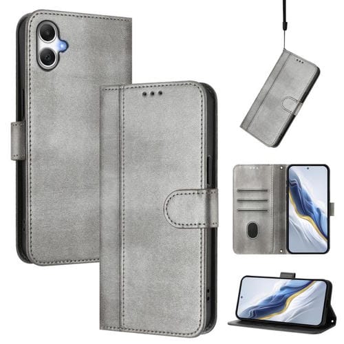 Funda de cuero retro con hebilla y empalme de líneas para Samsung Galaxy A07 4G (gris)
