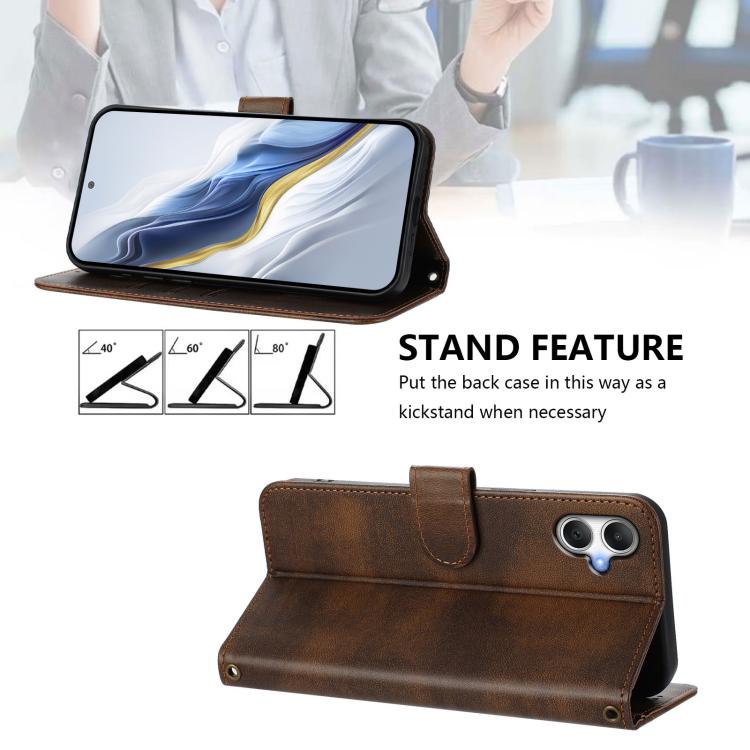 Funda de cuero retro con hebilla y empalme de líneas para Samsung Galaxy A07 4G (marrón)