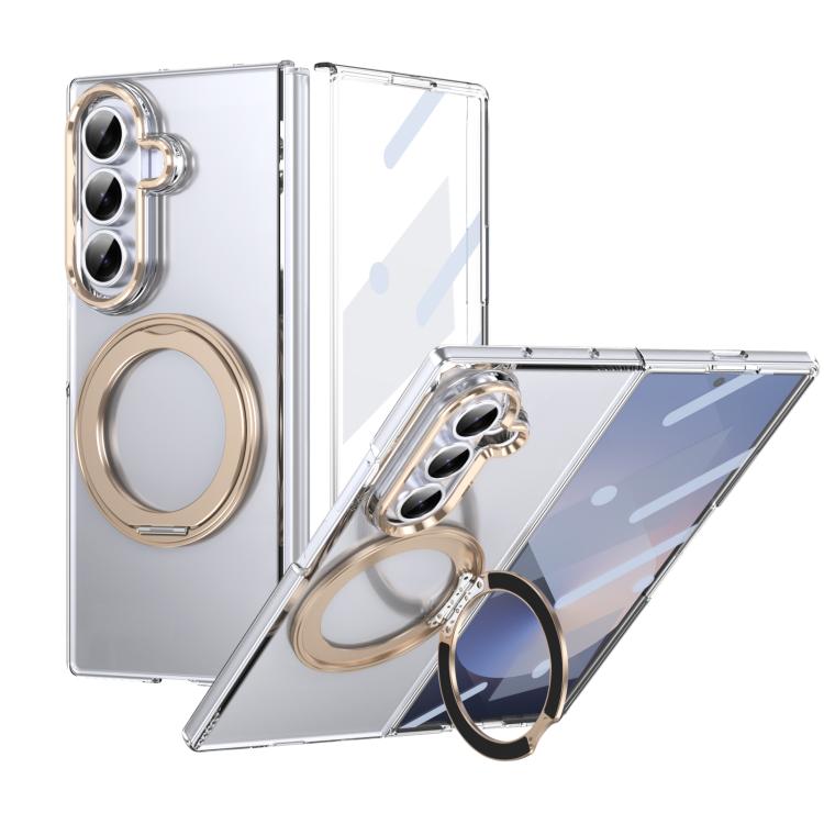 Funda plegable MagSafe para Samsung Galaxy Z Fold7 5G con soporte giratorio de 360 grados y alta transparencia, con tacto de hielo integrado (dorado desierto)