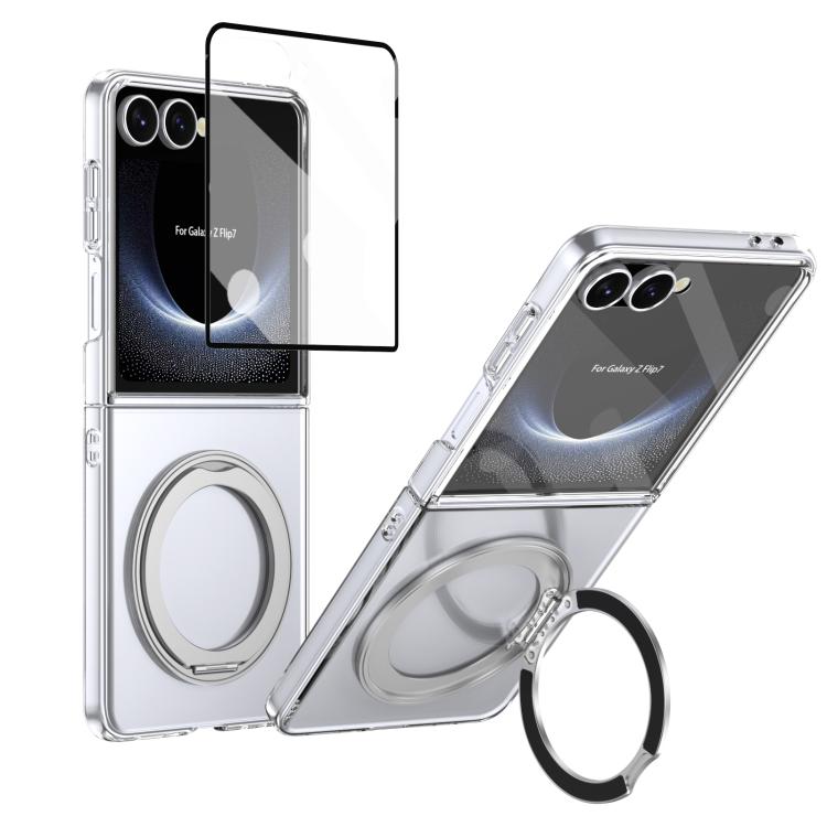 Funda plegable MagSafe para Samsung Galaxy Z Flip7 5G con soporte giratorio de 360 grados y alta transparencia, con tacto de hielo integrado (plateada)