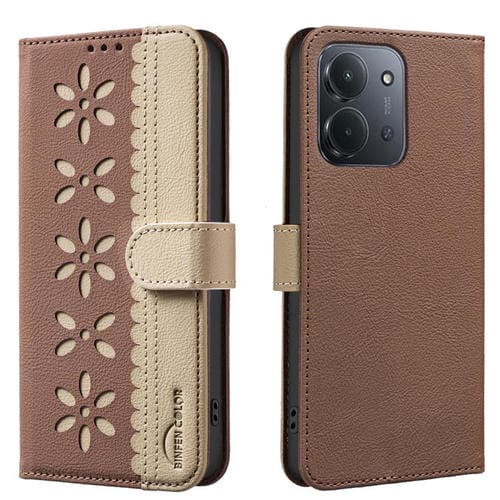 Funda de cuero RFID con estampado floral hueco para Redmi 15C 4G (173,1 mm) / Redmi 15C 5G (173,1 mm) (marrón)