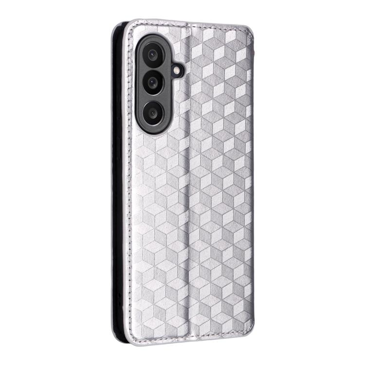 Funda de cuero con tapa y textura de cuadrícula cúbica para Samsung Galaxy M56 5G (plateada)