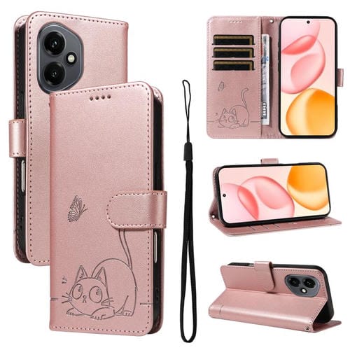 Funda de cuero con tapa y estampado de gato adorable para Honor 400 Global (156,5 mm) (oro rosa)
