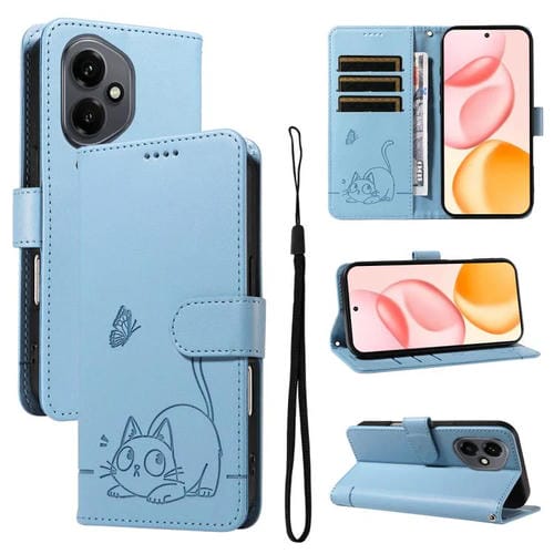 Funda de cuero con tapa y estampado de gato adorable para Honor 400 Global (156,5 mm) (azul cielo)