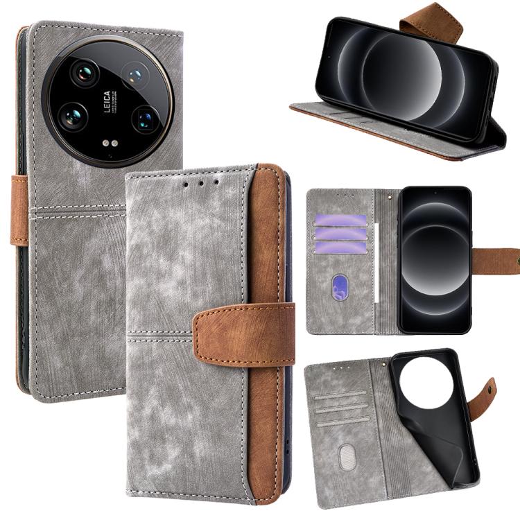 Funda de cuero con costuras de color y bloqueo RFID para Xiaomi 14 Ultra (gris)