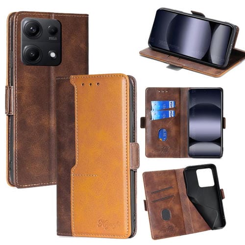 Funda de cuero con hebilla lateral en color de contraste para Redmi Note 14S 4G (marrón oscuro y dorado)
