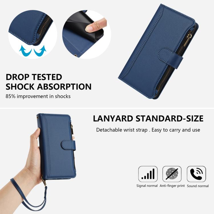 Funda de cuero con cierre magnético para TCL 605/60 SE, 9 ranuras para tarjetas, cremallera y correa de mano (azul oscuro)