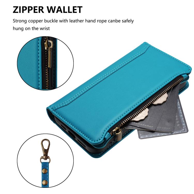 Funda de cuero con cierre magnético para TCL 605/60 SE, 9 ranuras para tarjetas, cremallera y correa de mano (turquesa)