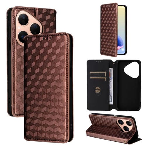 Funda de cuero con tapa y textura de cuadrícula cúbica para Huawei Pura 80 5G (marrón)