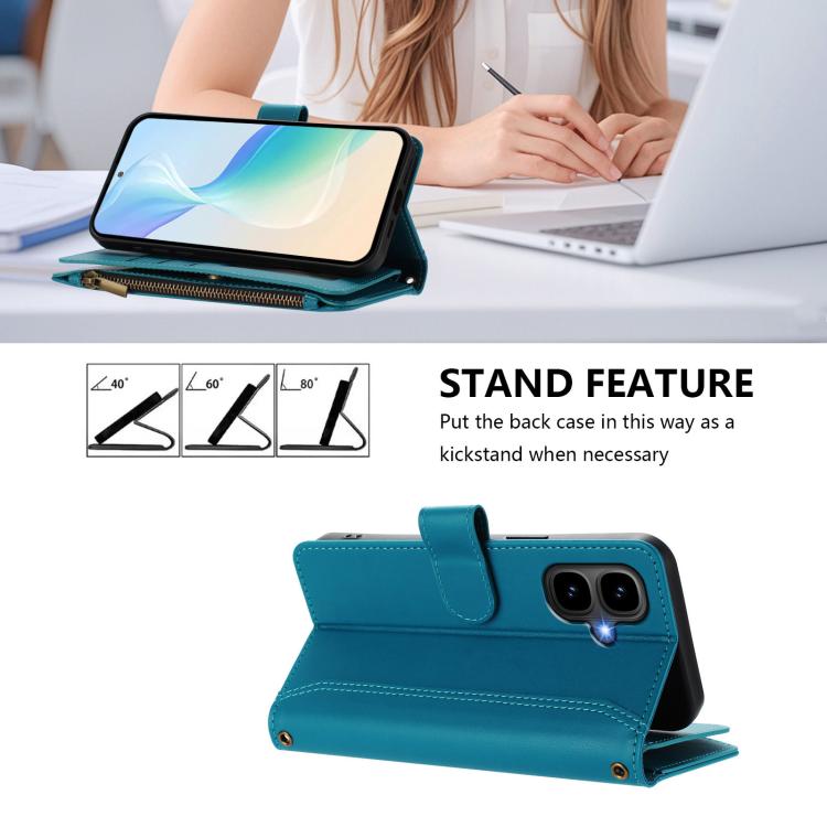 Funda de cuero con cierre magnético, 9 ranuras para tarjetas, cremallera y correa de mano para Infinix Smart 10 4G / Tecno Pop 10 (turquesa)