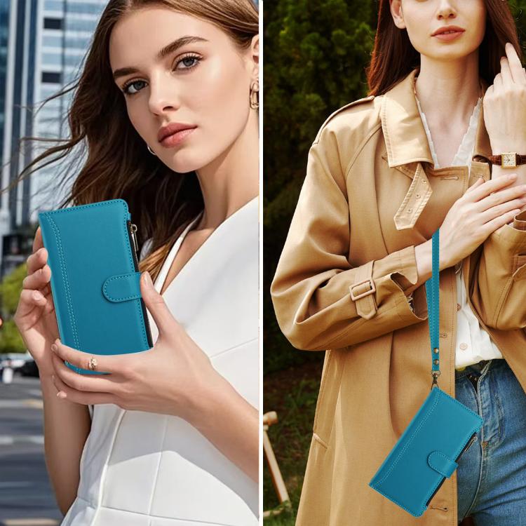 Funda de cuero con cierre magnético, 9 ranuras para tarjetas, cremallera y correa de mano para Infinix Smart 10 4G / Tecno Pop 10 (turquesa)