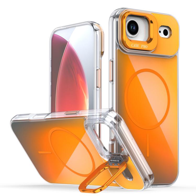 For iPhone 17 Air Gradient Discolor Lens Kickstand Magsafe Phone Case(Orange)