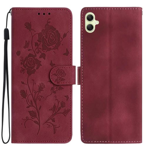 Funda de cuero con estampado floral en relieve para Samsung Galaxy A05 (roja)