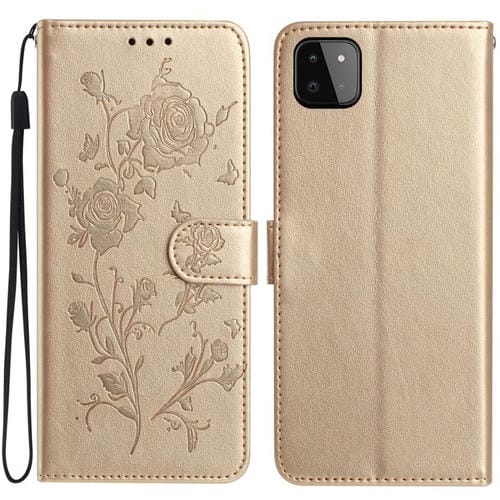 Funda de cuero con estampado floral en relieve para Samsung Galaxy A22 5G (dorada)