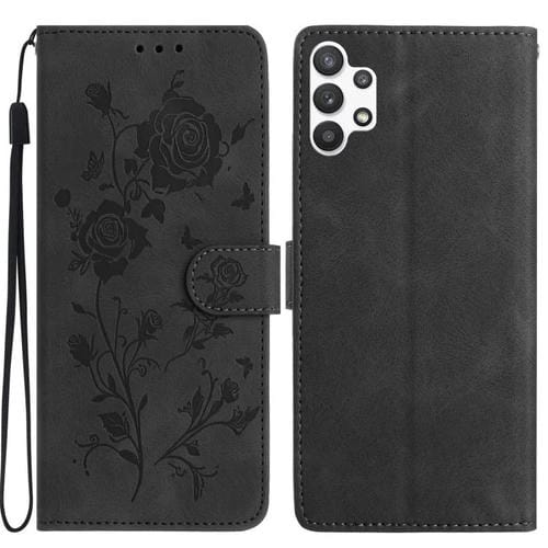 Funda de cuero con estampado floral en relieve para Samsung Galaxy A32 5G (negra)
