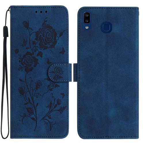 Funda de piel con estampado de rosas en relieve para Samsung Galaxy A40 (azul oscuro)