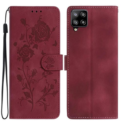 Funda de piel con estampado de rosas en relieve para Samsung Galaxy A42 (roja)