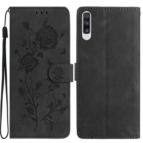 Funda de cuero con estampado de rosas en relieve para Samsung Galaxy A50 (negra)