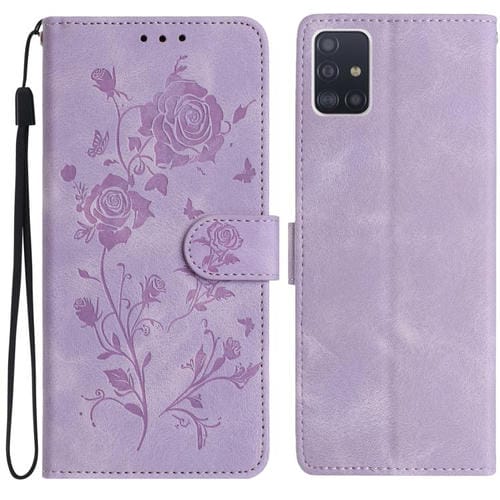 Funda de piel con estampado floral en relieve para Samsung Galaxy A51 (morado claro)