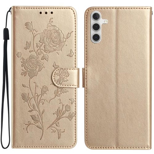 Funda de cuero con estampado de rosas en relieve para Samsung Galaxy A54 (dorada)