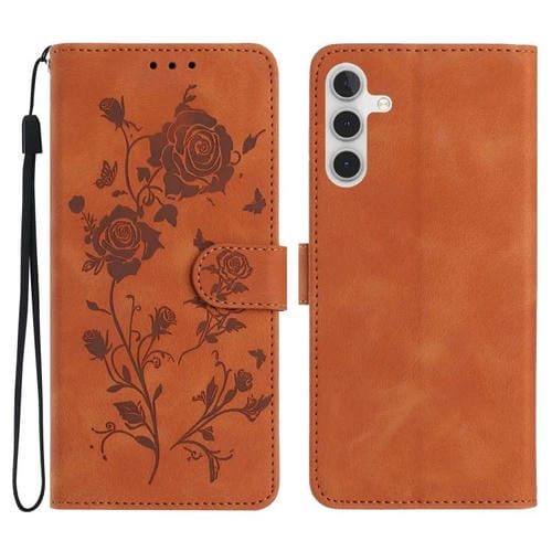 Funda de cuero con estampado de rosas en relieve para Samsung Galaxy A54 (marrón)