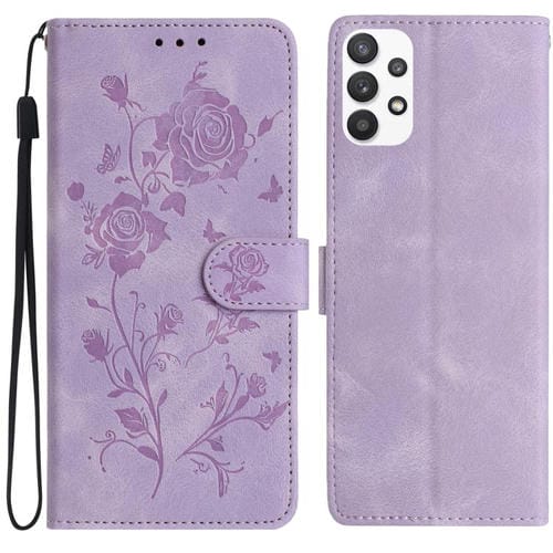 Funda de cuero con estampado de rosas en relieve para Samsung Galaxy A72 (morado claro)