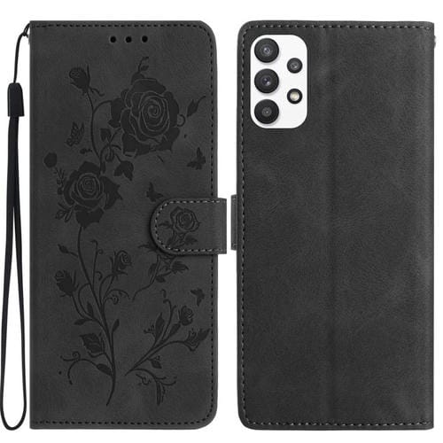 Funda de cuero con estampado de rosas en relieve para Samsung Galaxy A73 (negra)