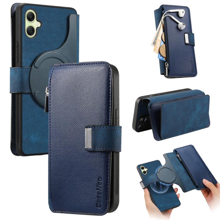 Funda Neo MagSafe RFID antirrobo con cremallera para Samsung Galaxy A06, de cuero estilo retro (azul)