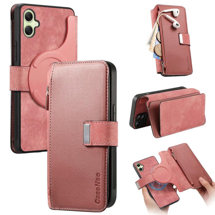 Funda Neo MagSafe RFID antirrobo con cremallera para Samsung Galaxy A06, de cuero estilo retro (rosa)