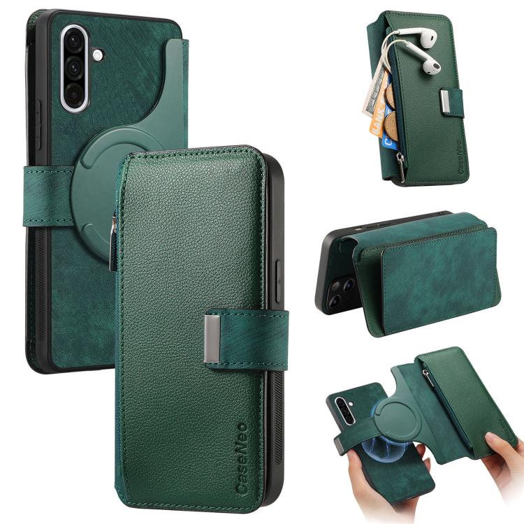 Funda Neo MagSafe RFID antirrobo con cremallera para Samsung Galaxy A56 5G, de cuero estilo retro (verde)